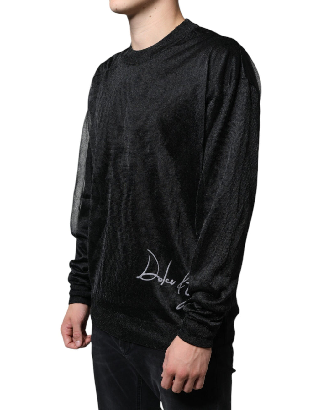 Sweat-shirt Dolce & Gabbana en polyester noir avec col rond et manches longues, vue de face.