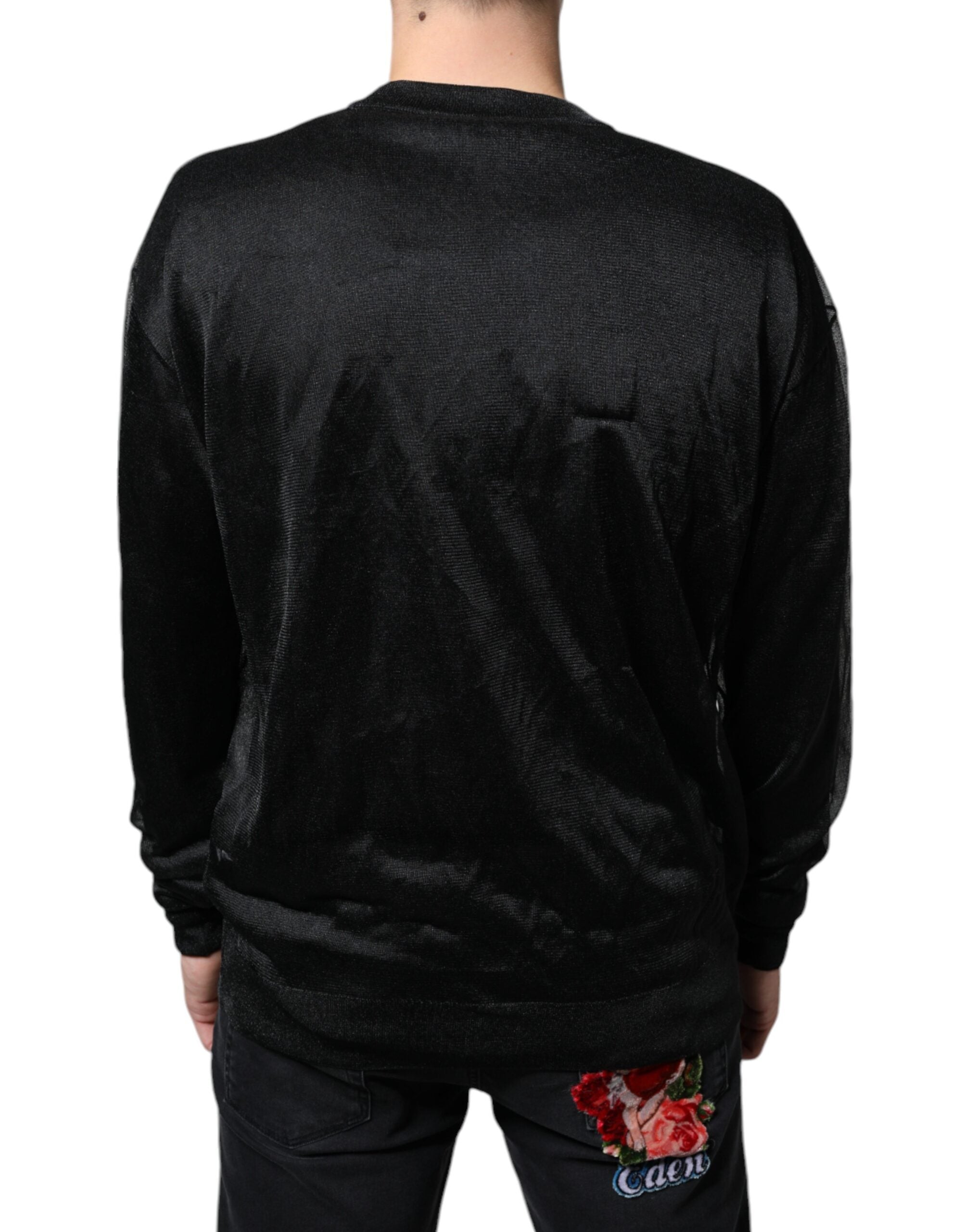 Sweatshirt noir en polyester Dolce & Gabbana, pull-over décontracté avec col rond et logo discret, vue de face.