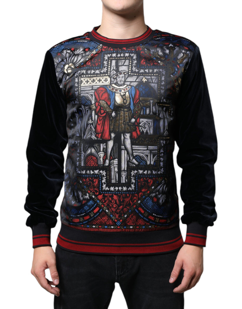 Sweatshirt Dolce & Gabbana à col rond en jacquard multicolore, motif élégant et détails texturés.