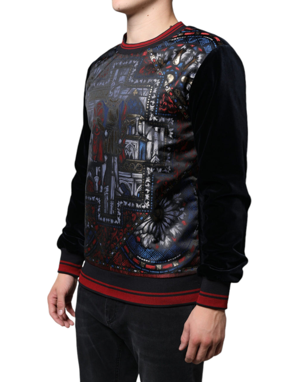Sweatshirt Dolce & Gabbana en jacquard multicolore avec col ras du cou, motif élégant et tissu texturé.