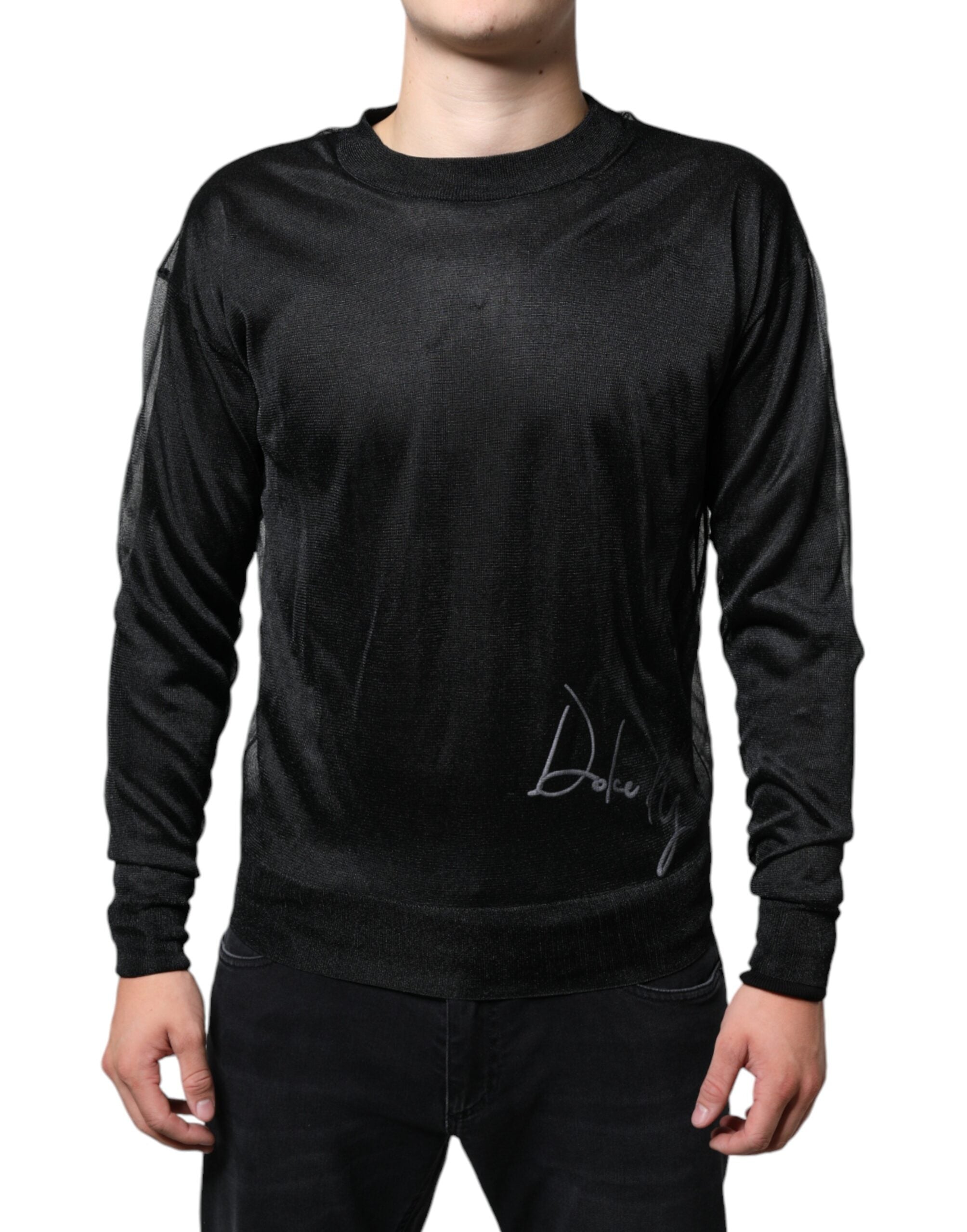 Sweat-shirt noir en polyester de Dolce & Gabbana, pull-over élégant avec logo de la marque, porté sur un mannequin.