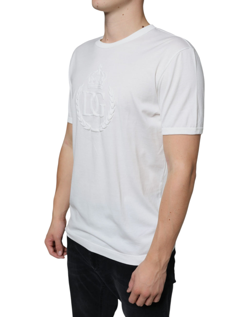 T-shirt blanc en coton Dolce & Gabbana avec logo embossé, col rond et design classique.