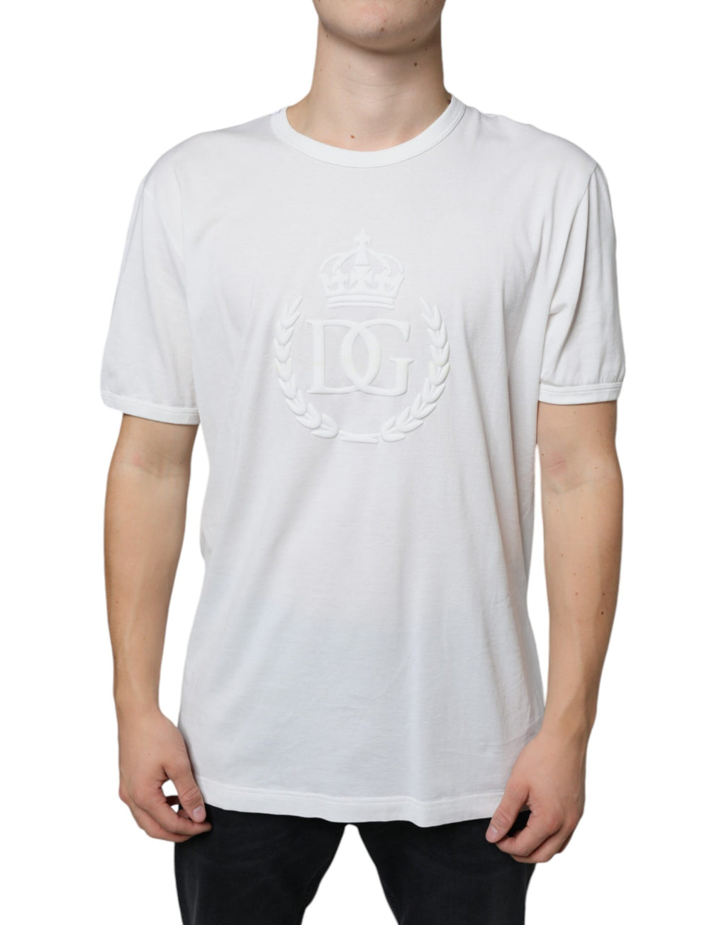 T-shirt blanc en coton Dolce & Gabbana avec logo embossé et col rond, vue de face.