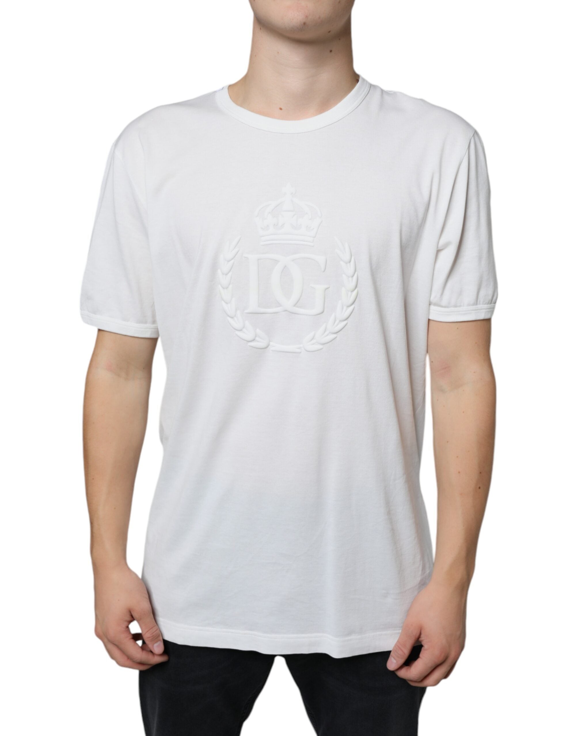 T-shirt blanc en coton Dolce & Gabbana avec logo embossé, col rond et coupe classique, vue de face.