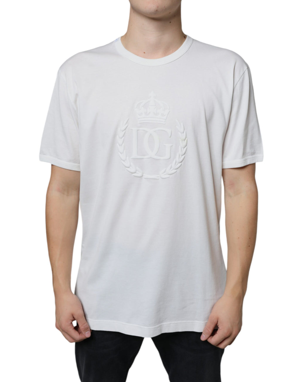 T-shirt blanc Dolce & Gabbana en coton à logo embossé, col rond et style décontracté.