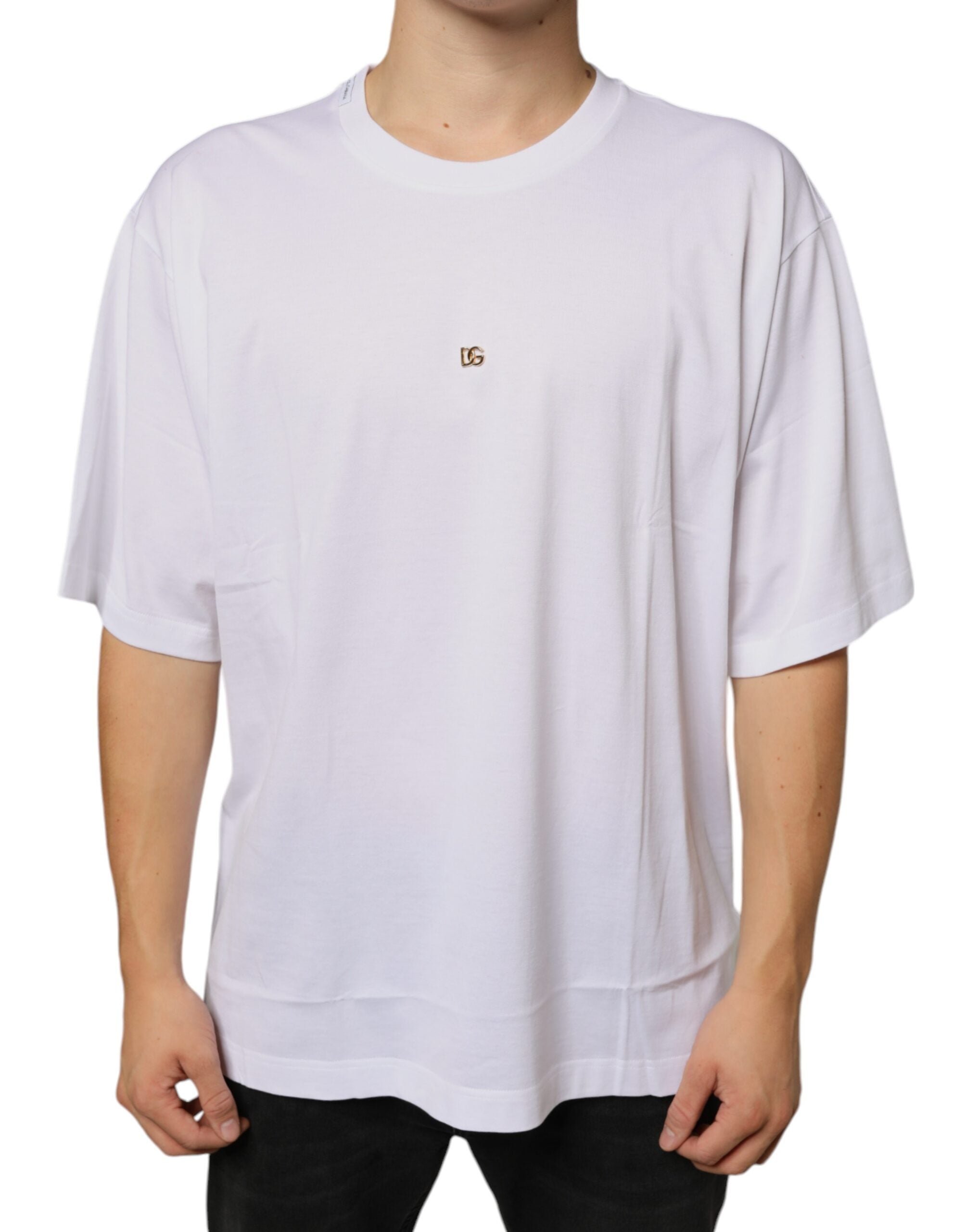 T-shirt blanc en coton Dolce & Gabbana avec logo métallique DG à manches courtes, vue de face.
