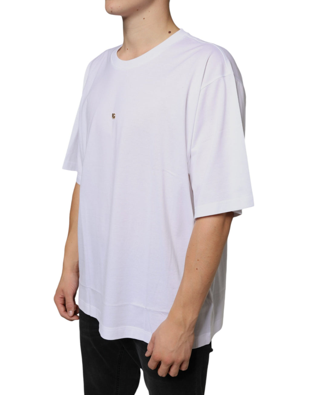 T-shirt blanc en coton Dolce & Gabbana avec logo en métal DG à manches courtes, vue de face.