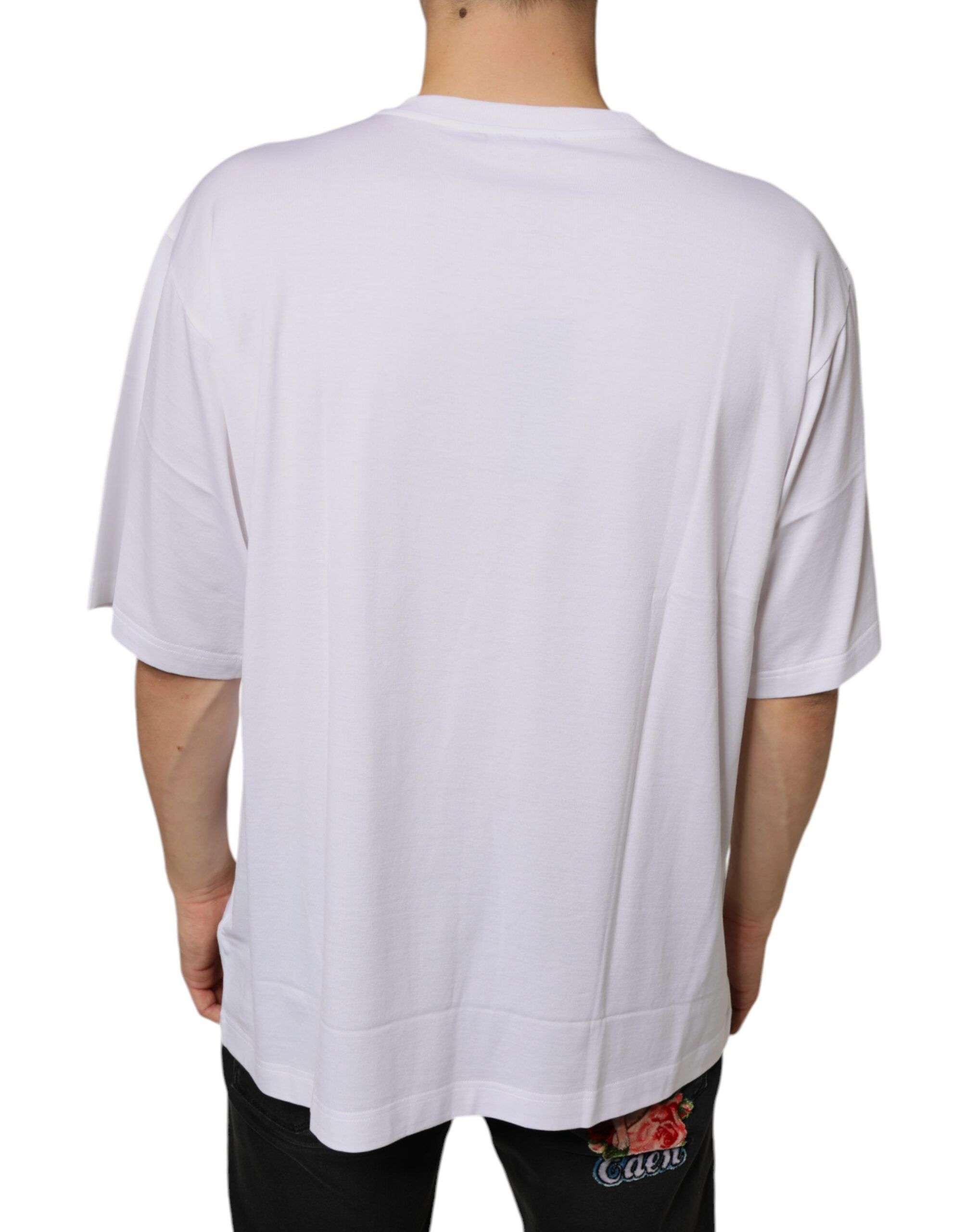 T-shirt blanc en coton Dolce & Gabbana avec logo métallique DG à manches courtes, design élégant et moderne.