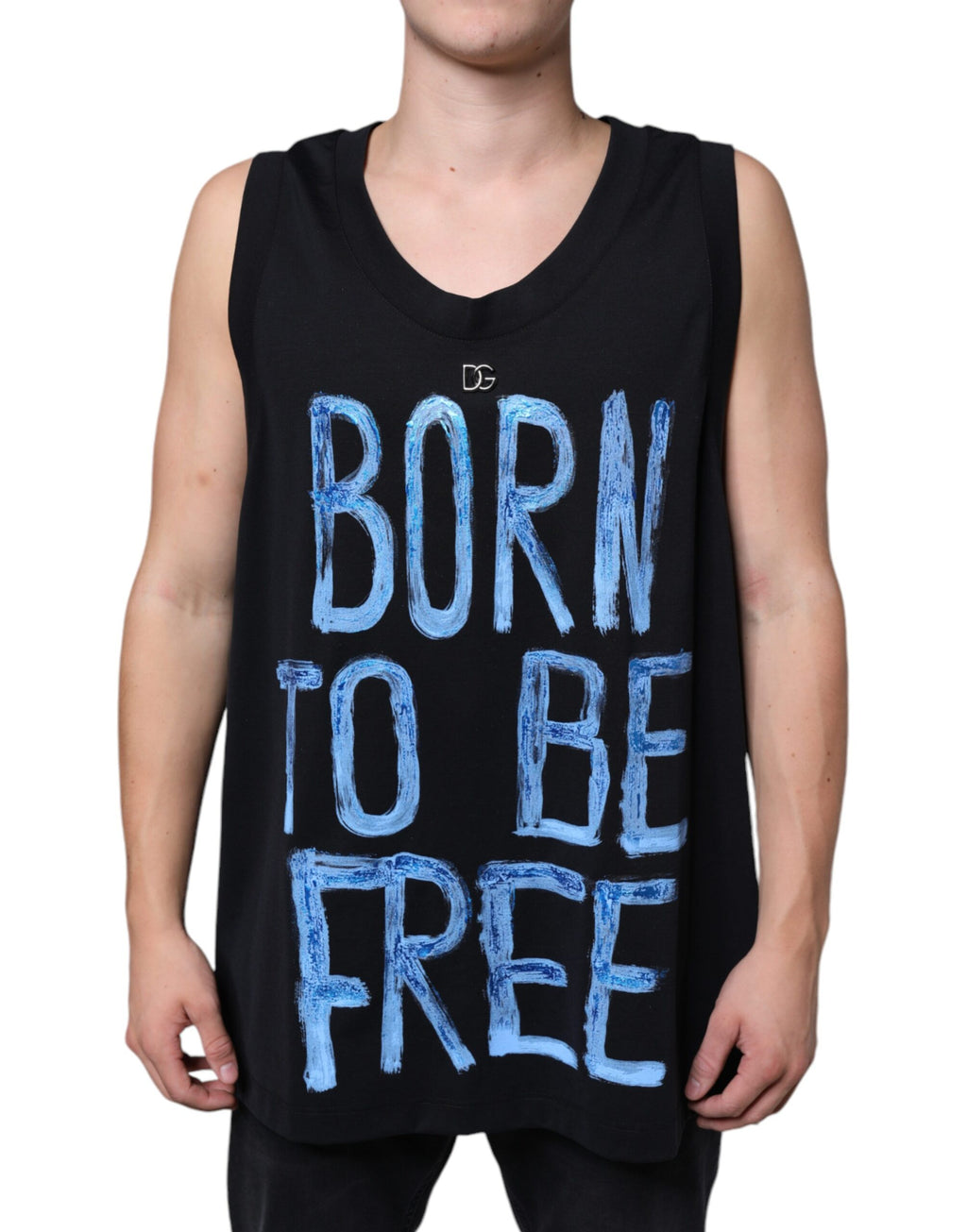 T-shirt sans manches noir Dolce & Gabbana en coton avec inscription "Born To Be Free" sur le devant.