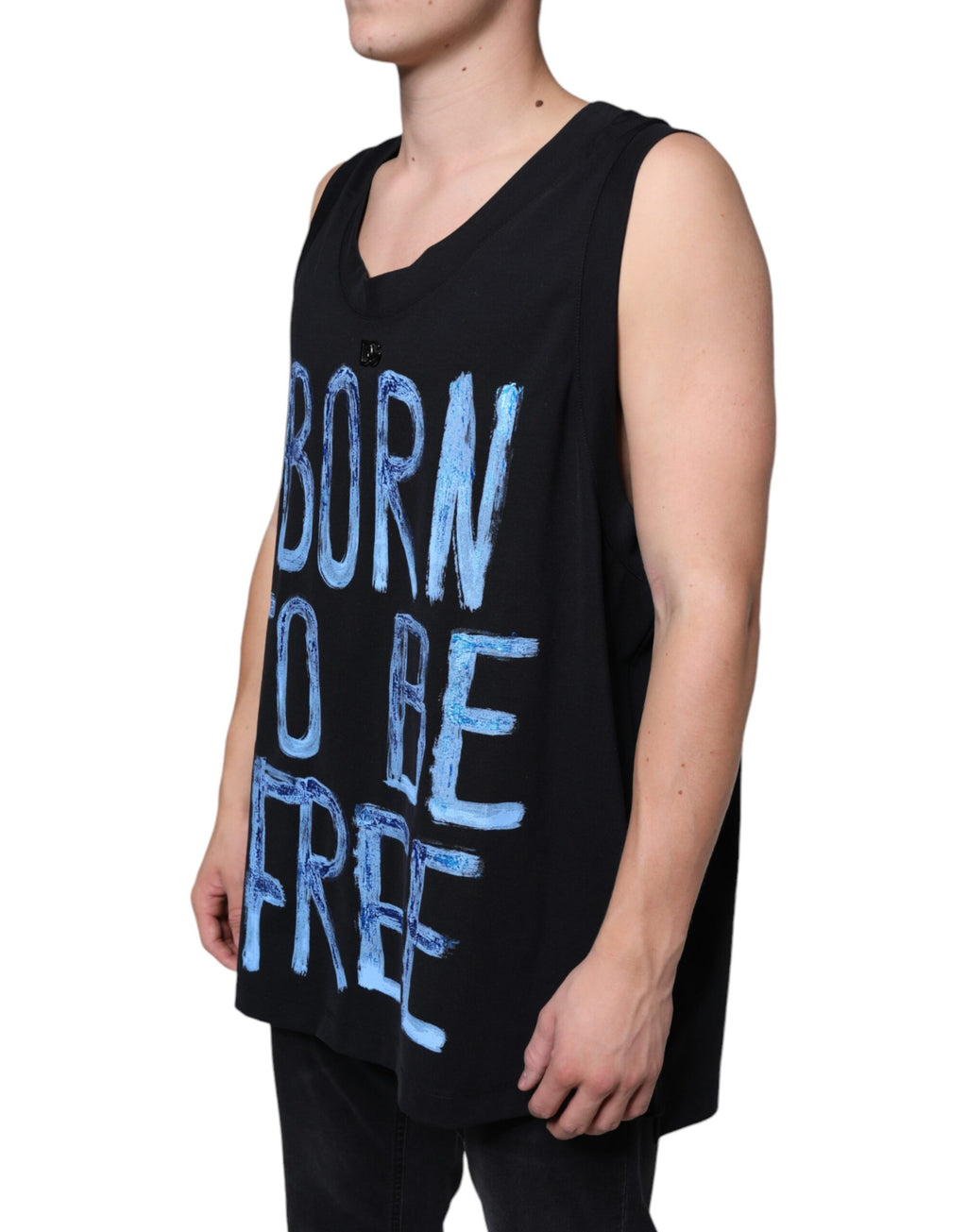 T-shirt sans manches en coton noir Dolce & Gabbana "Born To Be Free" avec logo imprimé, vue de face.