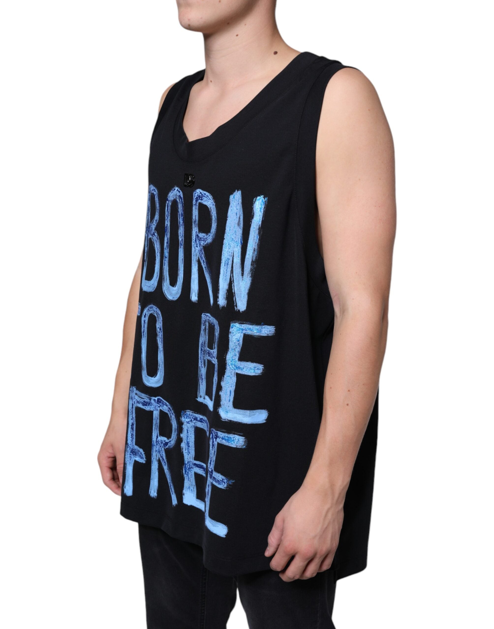 T-shirt sans manches en coton noir Dolce & Gabbana "Born To Be Free" avec logo imprimé, vue de face.