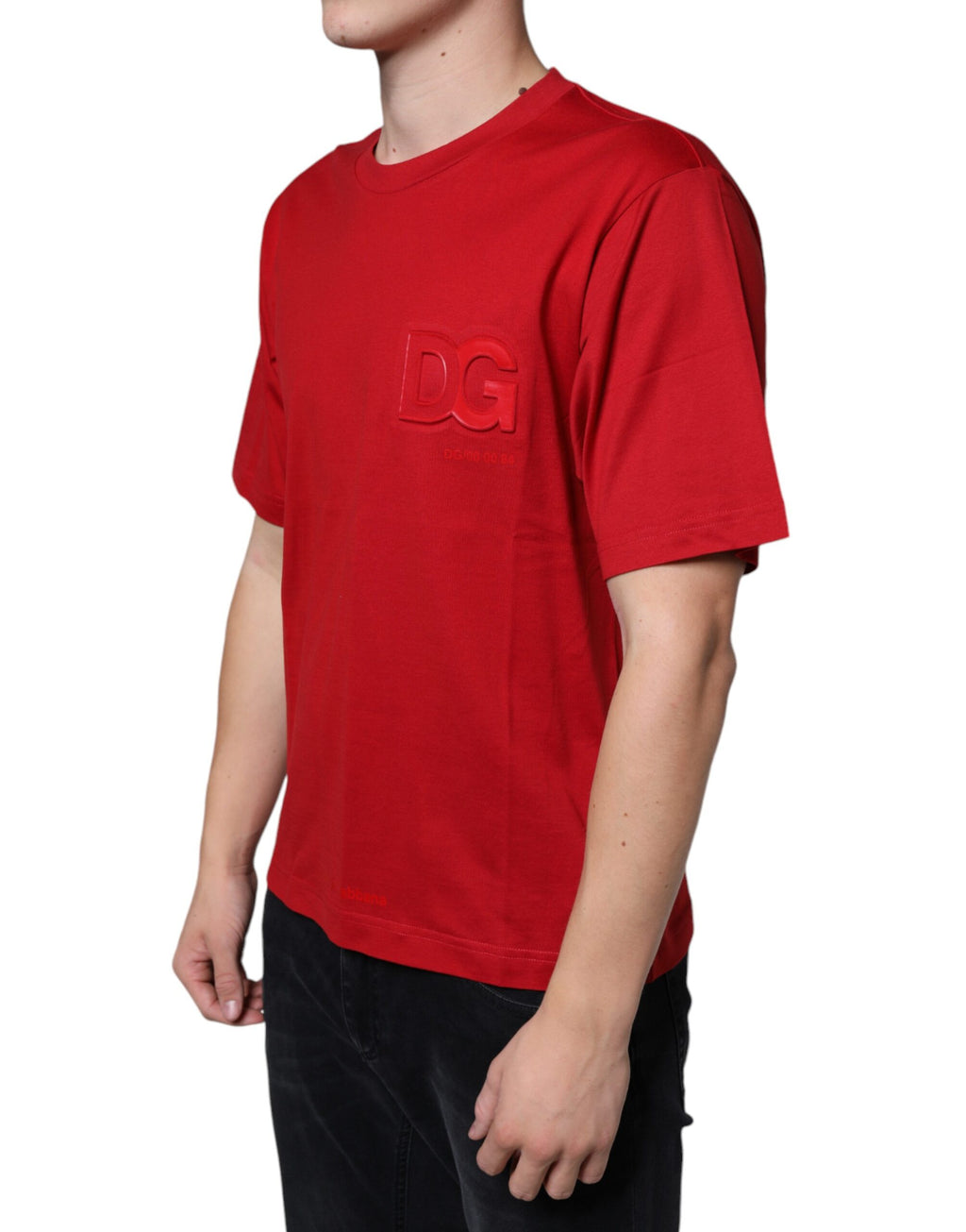T-shirt à manches courtes Dolce & Gabbana en coton rouge avec logo DG imprimé, col ras du cou, style décontracté.