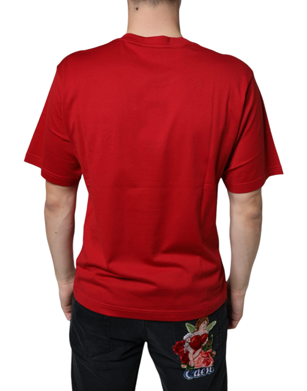 T-shirt à col rond en coton rouge Dolce & Gabbana avec logo DG imprimé, style décontracté et moderne.
