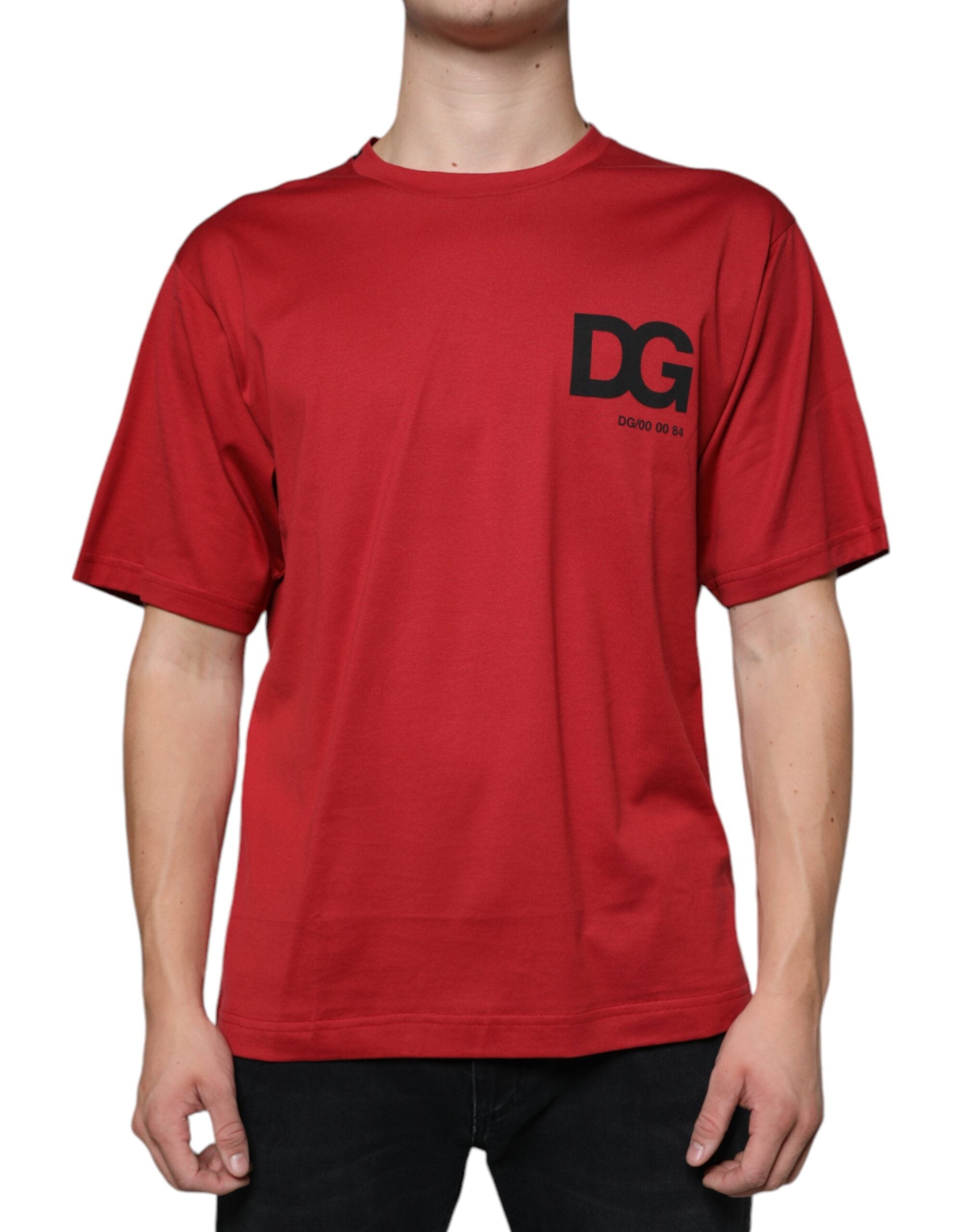 T-shirt en coton rouge Dolce & Gabbana avec logo DG imprimé, col rond, style décontracté.