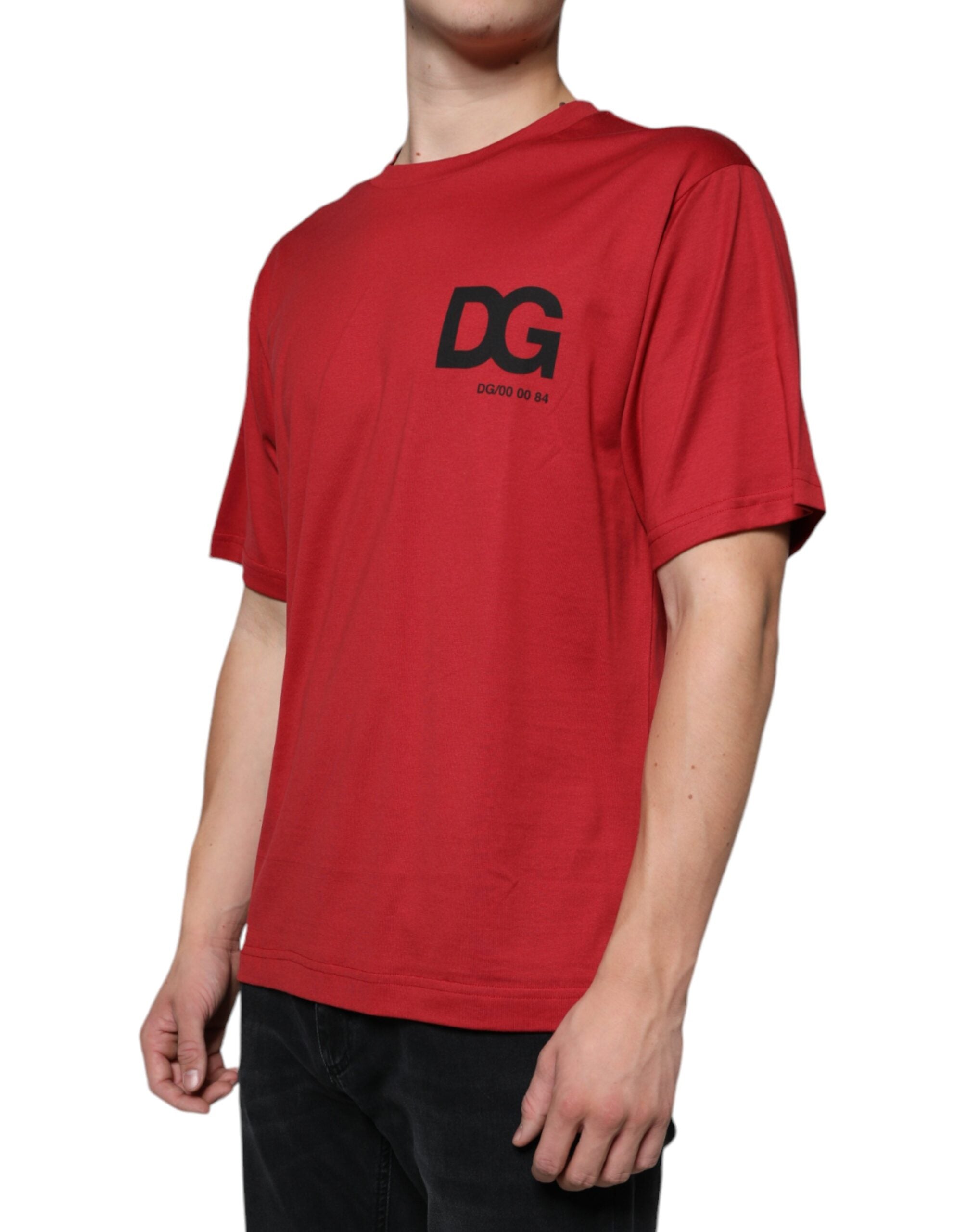 T-shirt homme en coton rouge Dolce & Gabbana avec logo DG imprimé et col rond, vue de face.