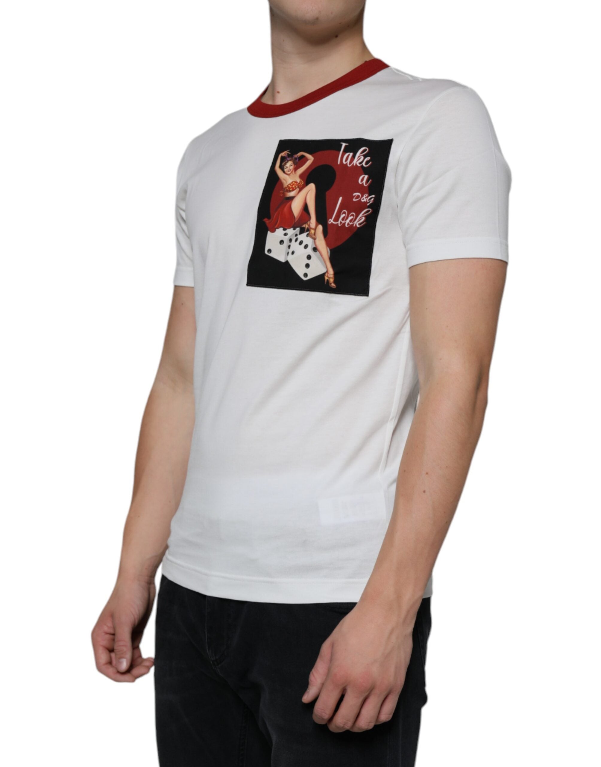 T-shirt blanc en coton Dolce & Gabbana avec imprimé graphique et col rond, vue de face.