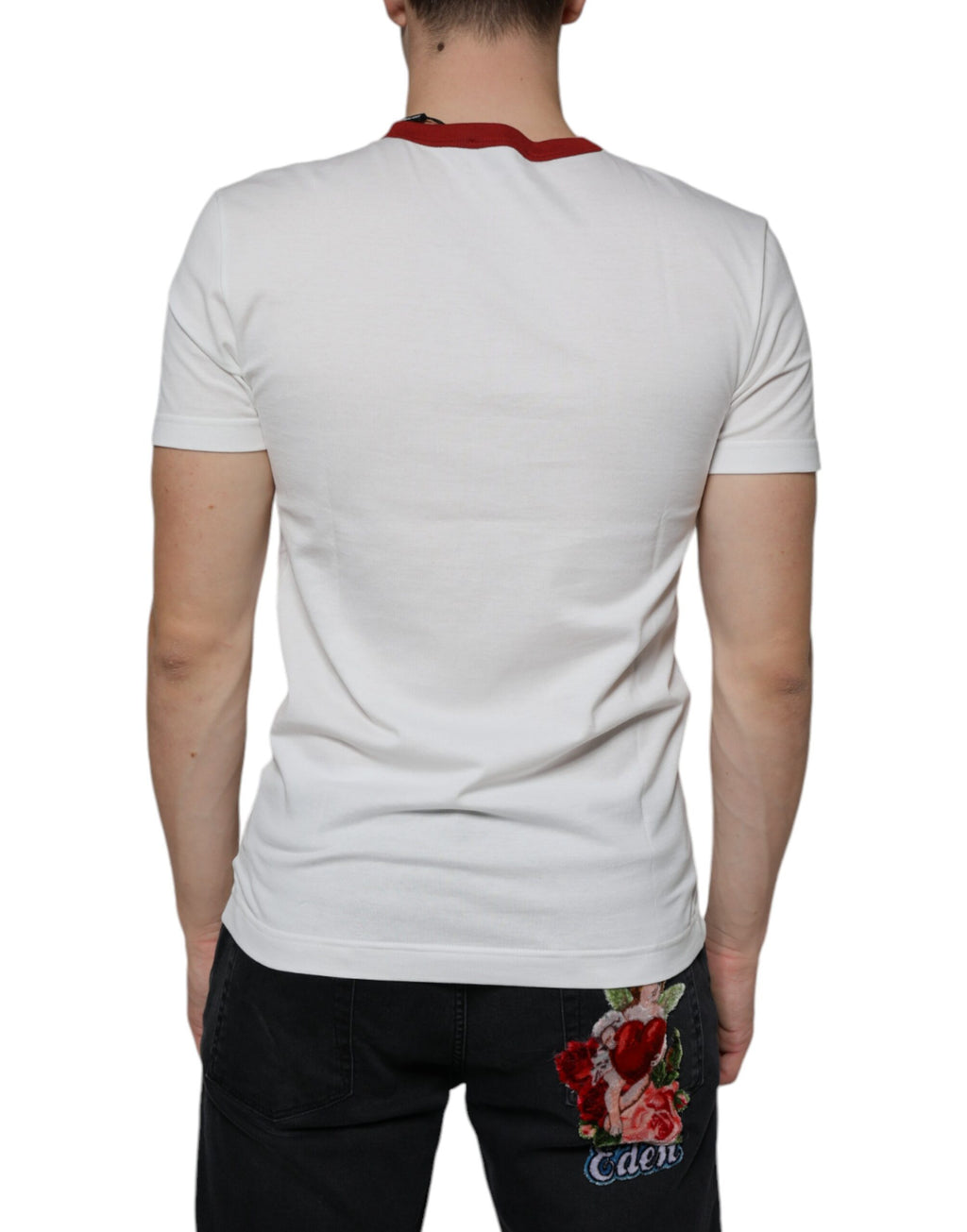 T-shirt blanc en coton Dolce & Gabbana avec imprimé graphique, col rond, mode décontractée et design tendance.