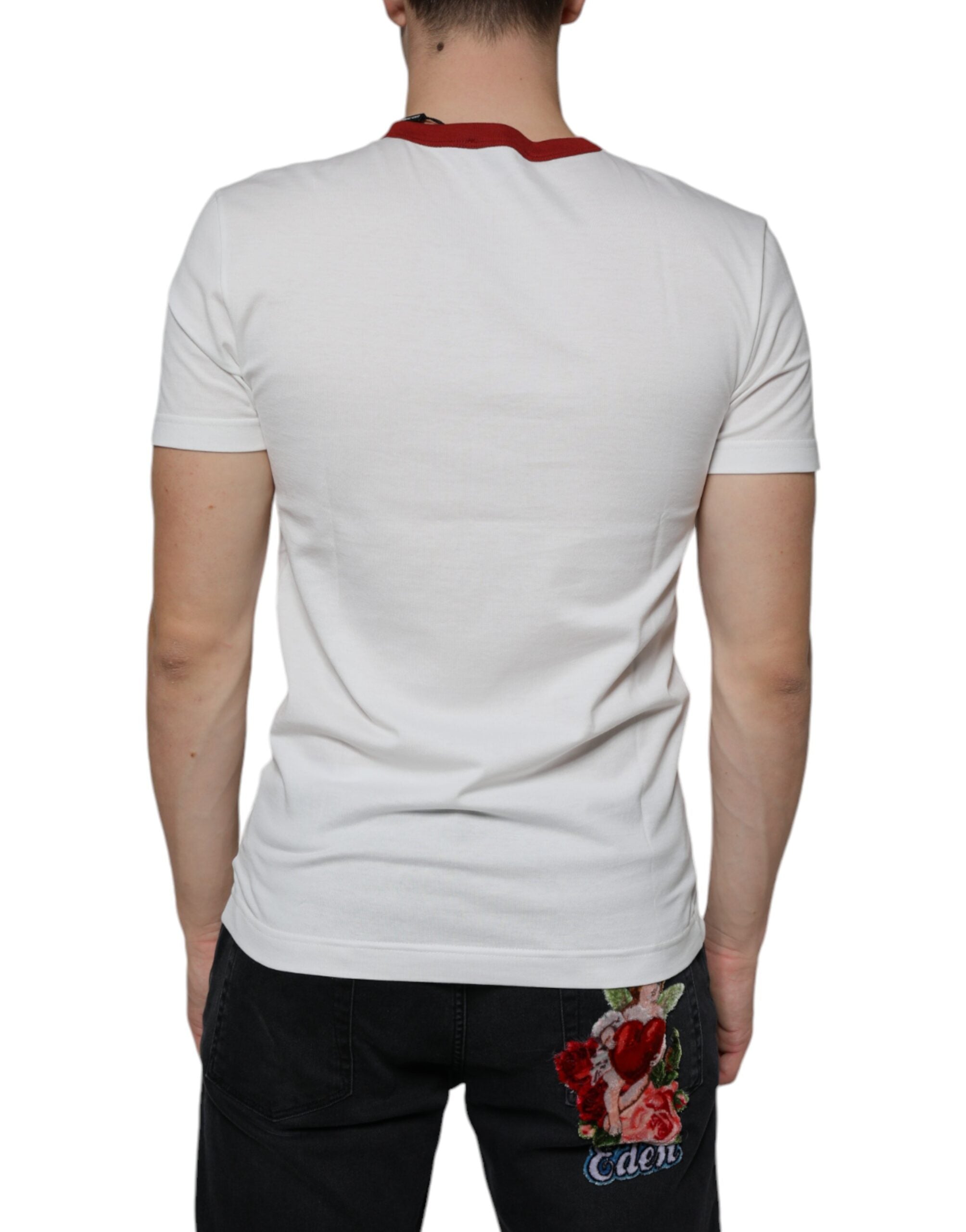 T-shirt blanc en coton Dolce & Gabbana avec imprimé graphique, col rond, mode décontractée et design tendance.