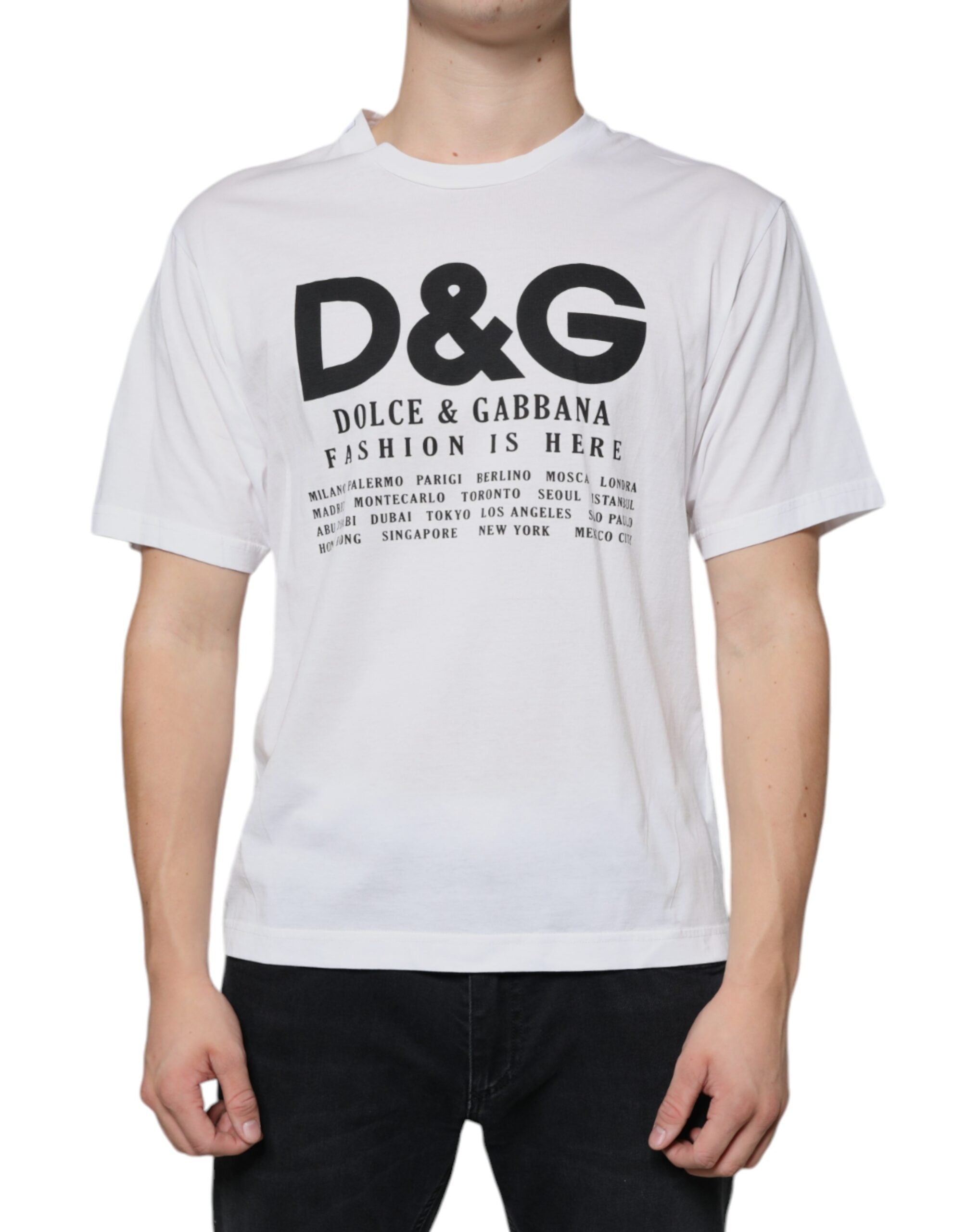 T-shirt casual blanc en coton Dolce & Gabbana avec logo DG imprimé, vue de face.