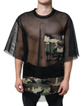 T-shirt à manches courtes en mesh camouflage noir de Dolce & Gabbana, design élégant avec logo de la marque visible.