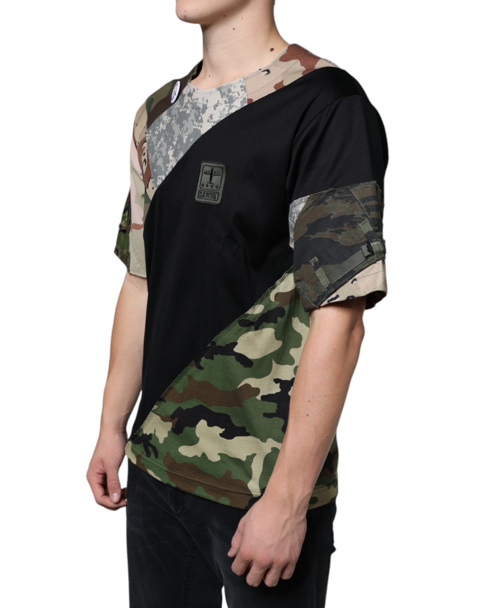 T-shirt Dolce & Gabbana multicolore avec patchwork camouflage et logo DG Royal, en coton, vue de face.