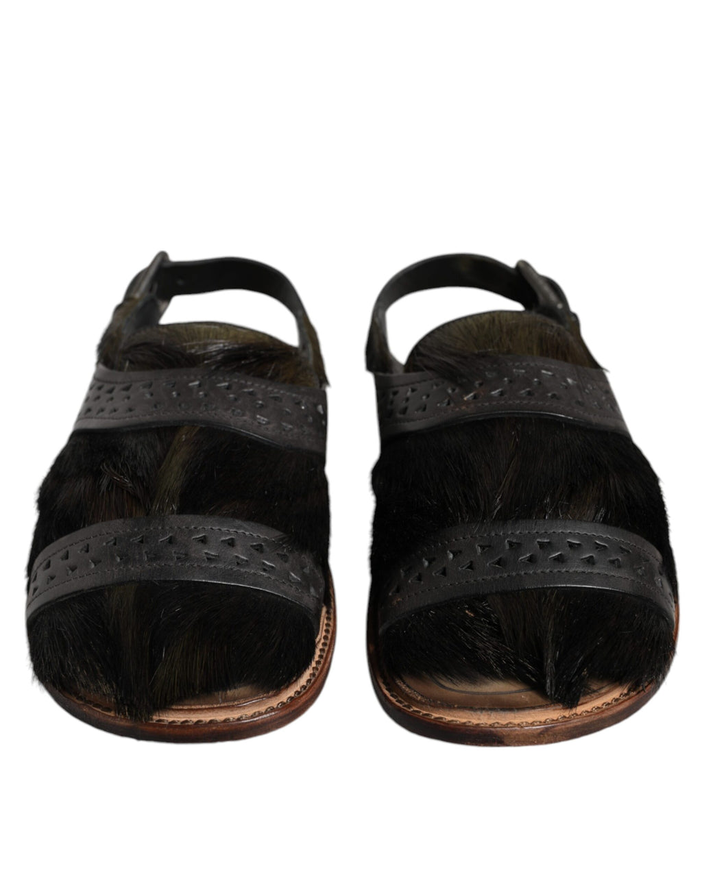 Sandales plates en cuir et cheveux de gazelle noir de Dolce & Gabbana, chaussures élégantes pour femmes.
