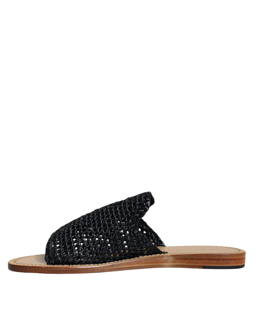 Sandales Dolce & Gabbana en raphia noir à tressage monochrome, vues de face avec détails du design élégant.