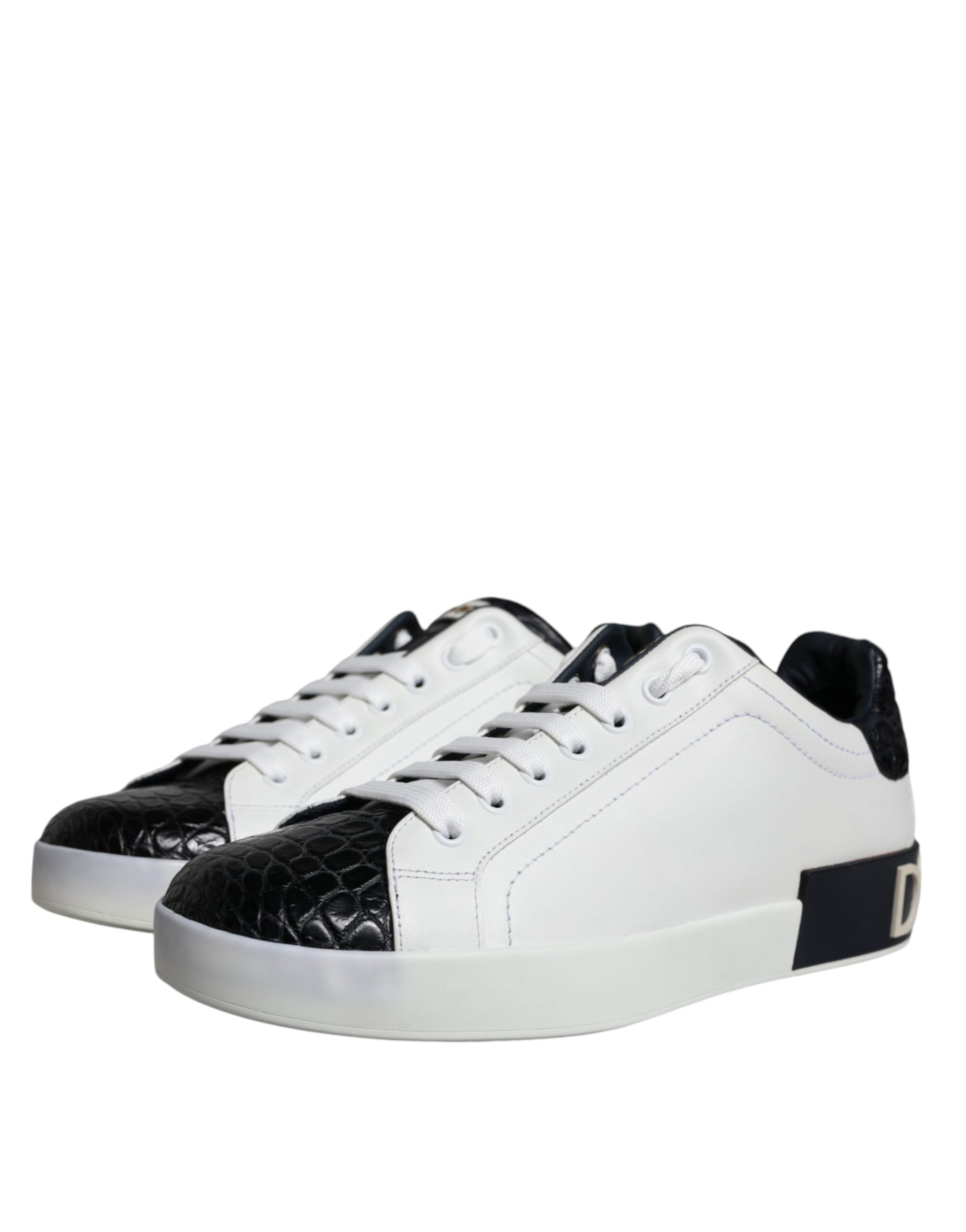 Chaussures sneakers Portofino en cuir noir avec logo Dolce & Gabbana, élégantes et modernes, vue de face.