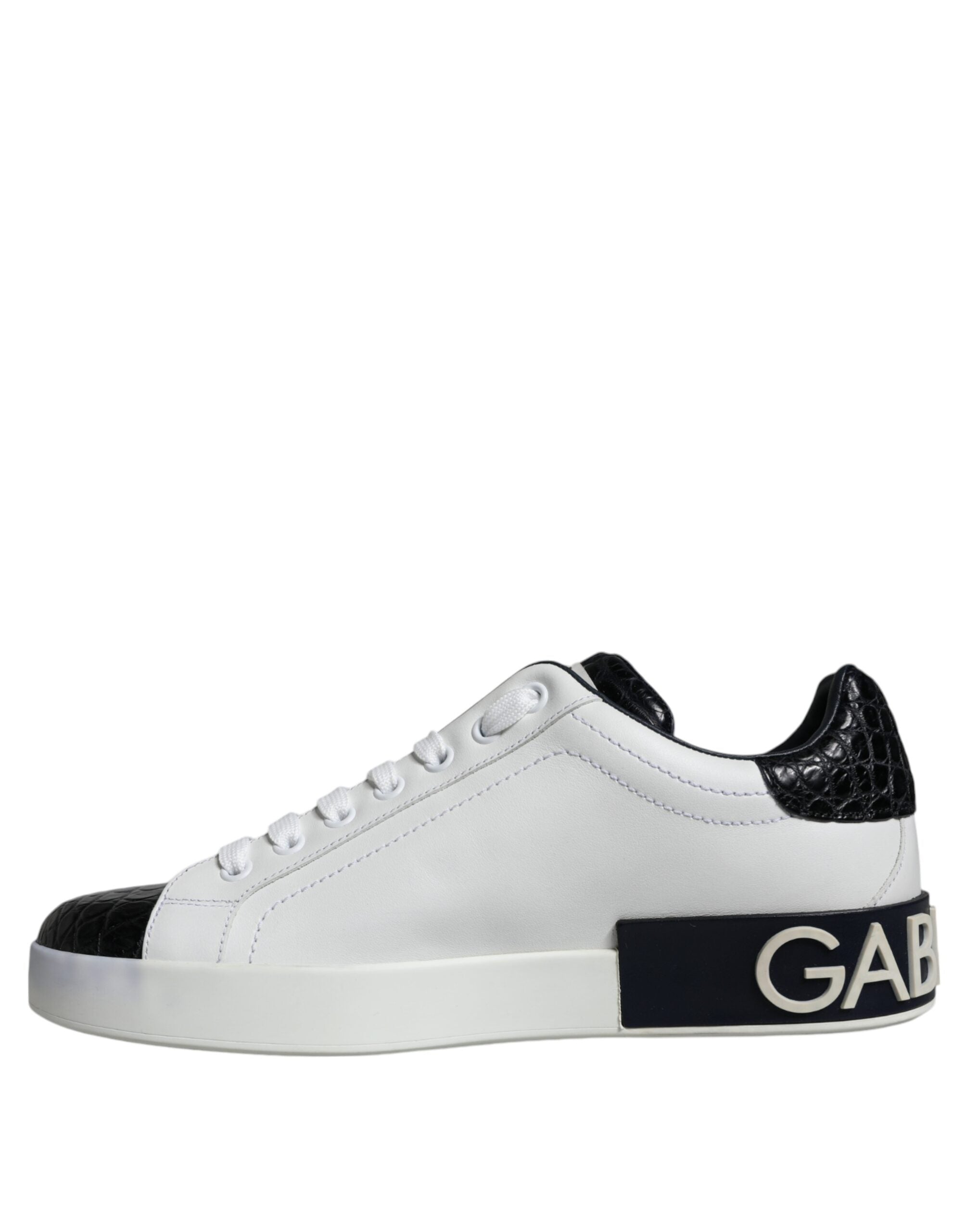 Chaussures sneakers Portofino en cuir noir avec logo Dolce & Gabbana, style élégant et moderne.