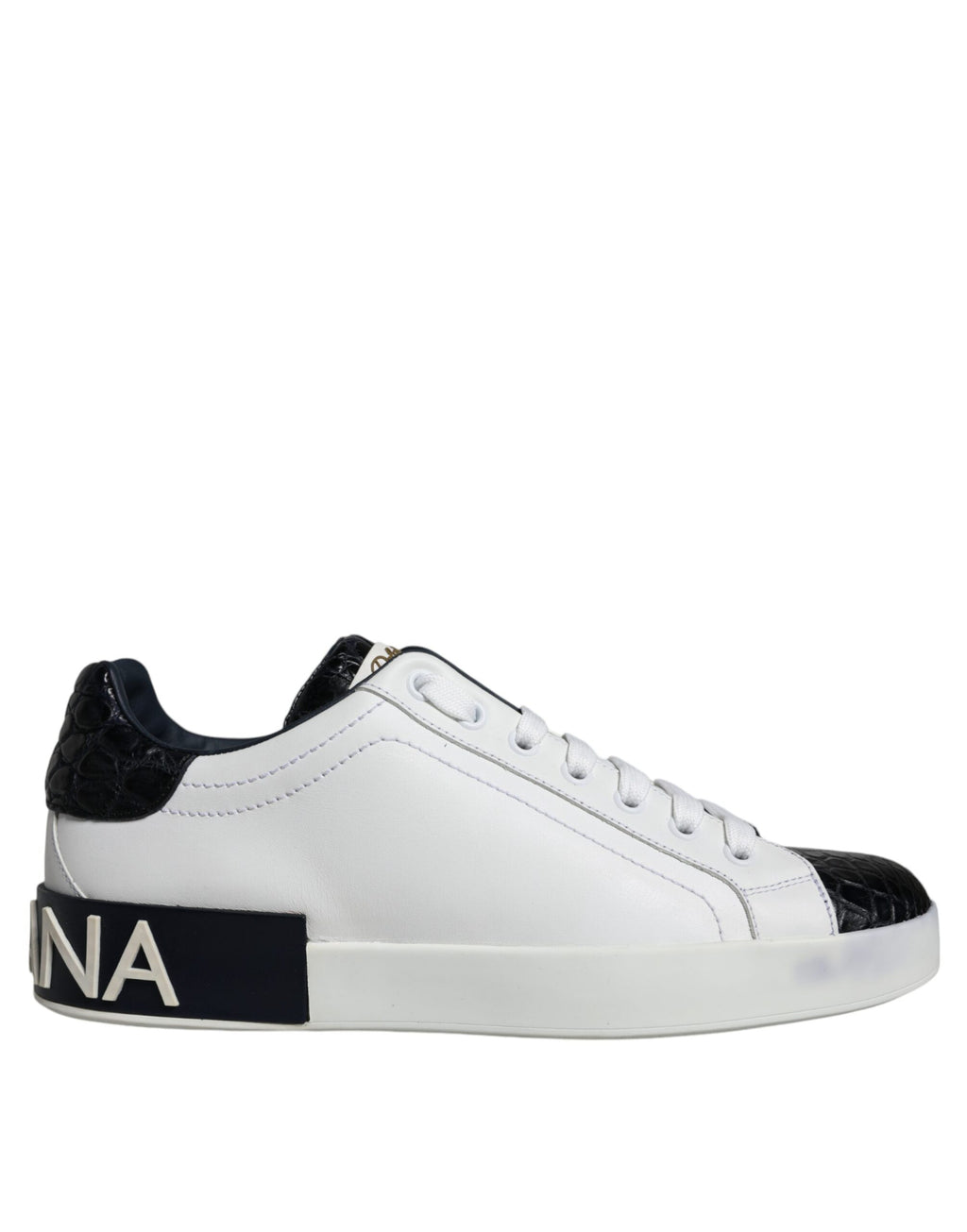 Chaussures portofino en cuir noir Dolce & Gabbana avec logo, sneakers élégants et confortables pour homme.