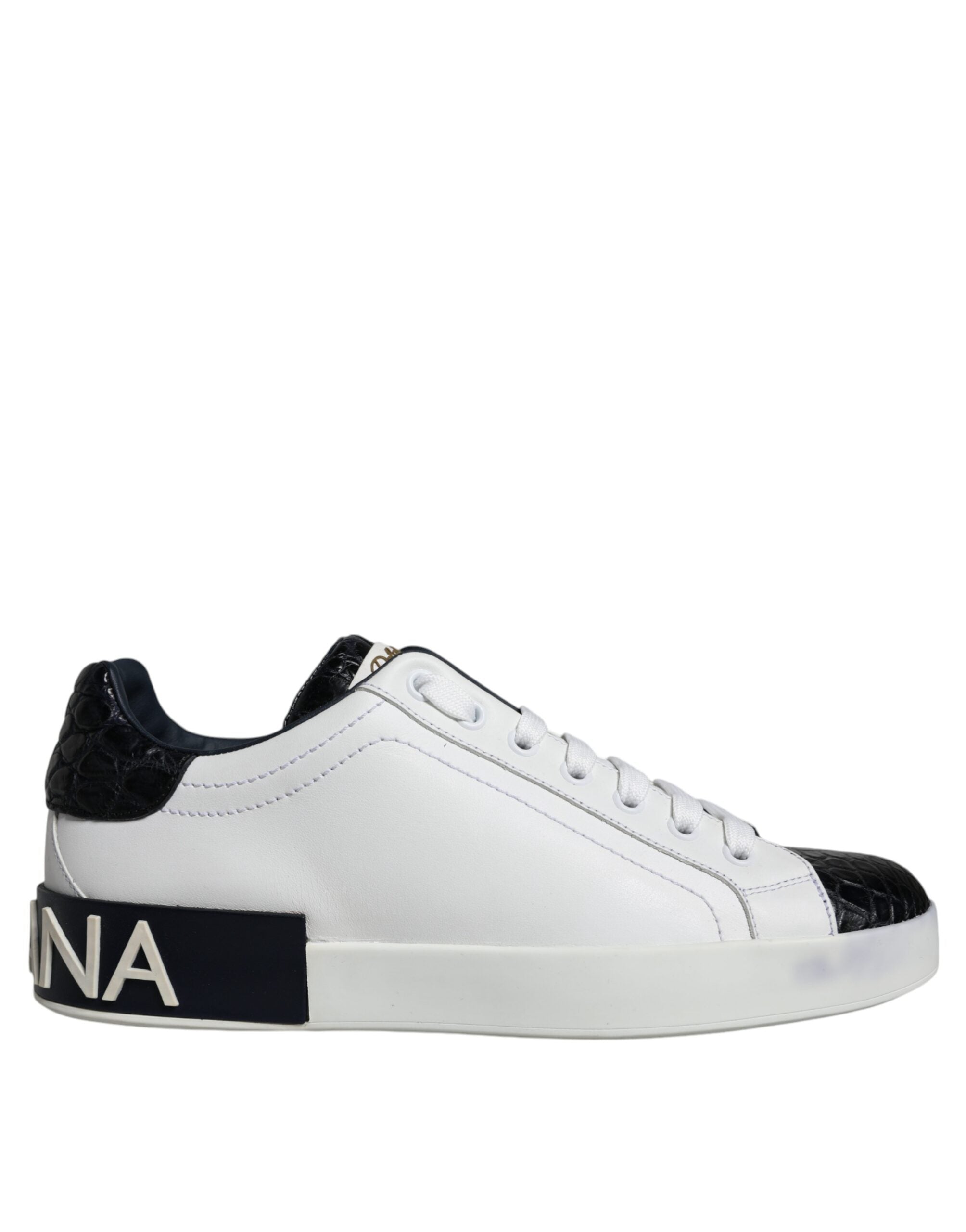 Chaussures portofino en cuir noir Dolce & Gabbana avec logo, sneakers élégants et confortables pour homme.