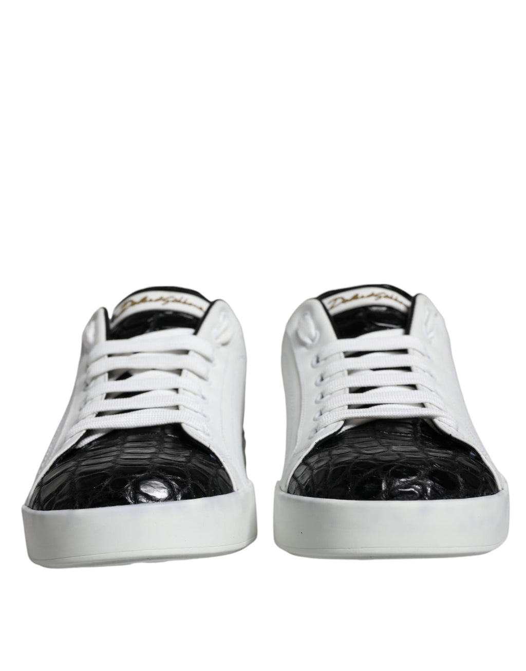 Chaussures sneakers Portofino en cuir noir Dolce & Gabbana avec logo, vue de face.