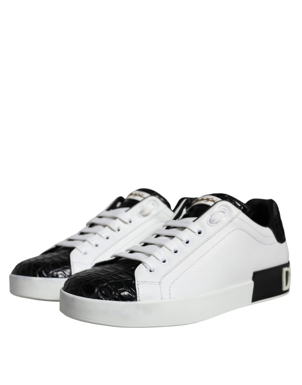 Chaussures sneakers Portofino en cuir noir Dolce & Gabbana avec logo, vue de face, détails de la matière et de la conception.