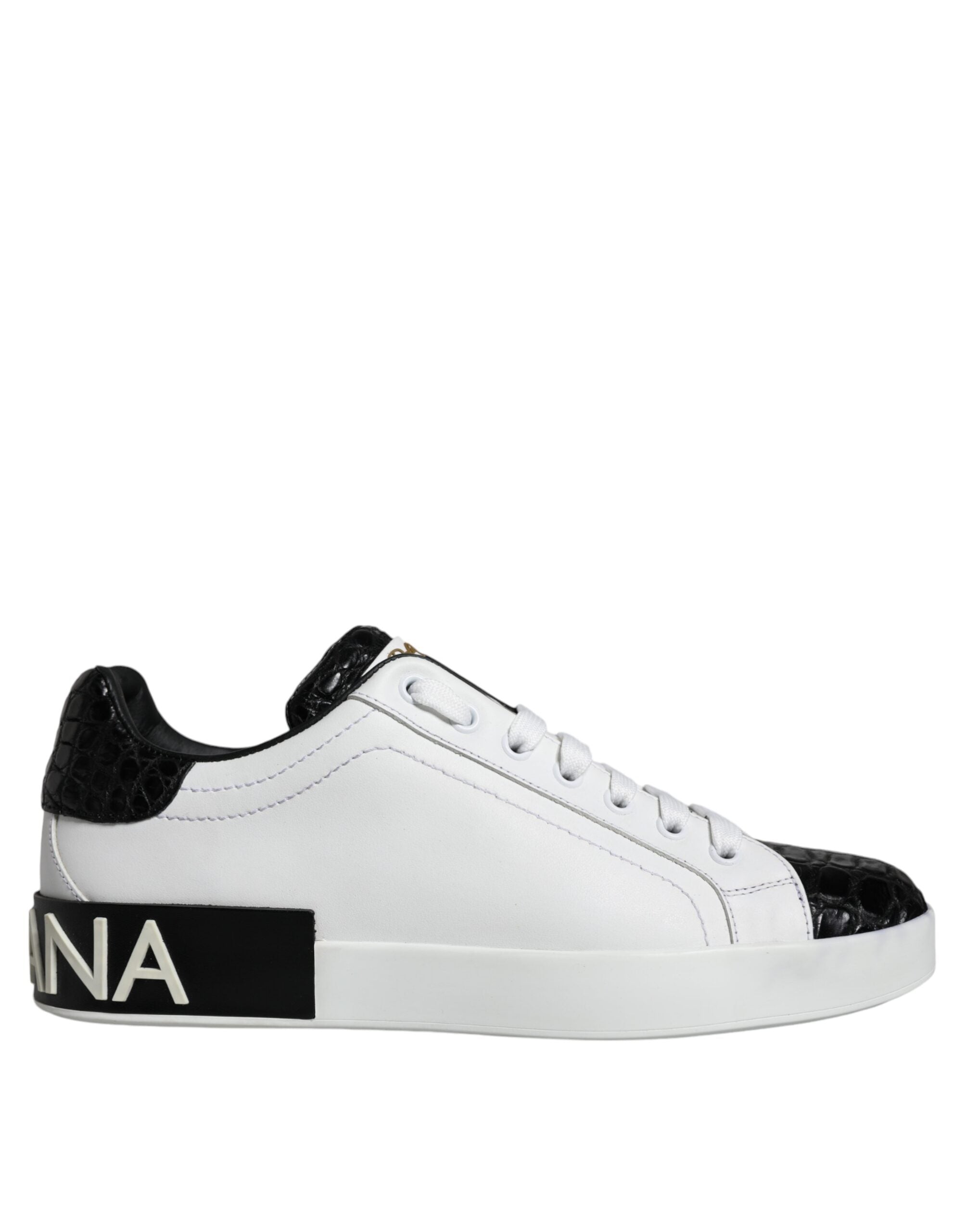 Chaussures Dolce & Gabbana Portofino en cuir noir avec logo, vue de face, sneakers élégants et modernes pour homme.
