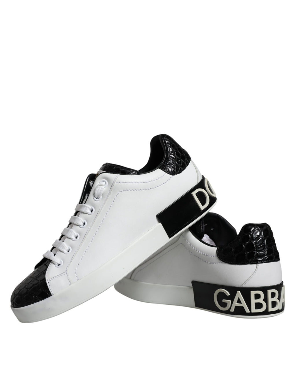 Chaussures sneakers Portofino en cuir noir Dolce & Gabbana avec logo, vue de face.