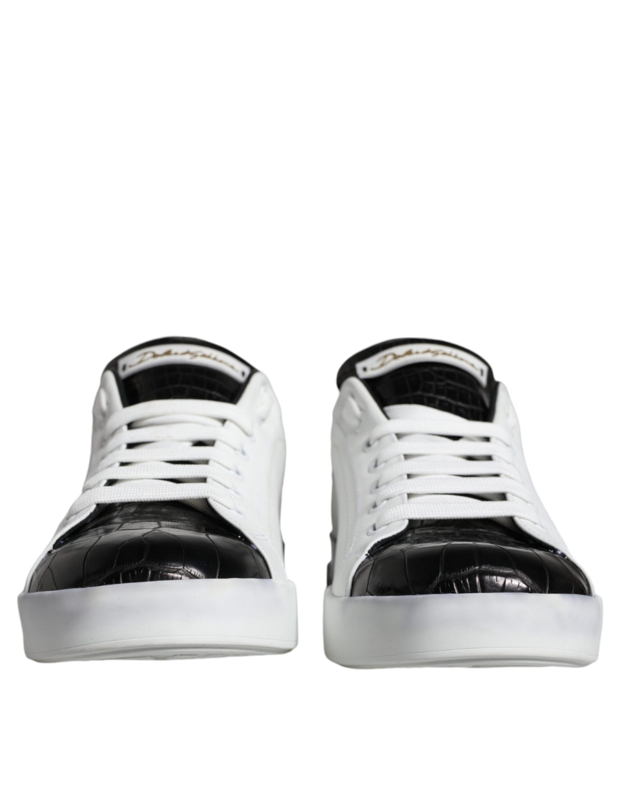 Chaussures de sport Portofino en cuir noir avec logo Dolce & Gabbana, baskets élégantes et confortables.