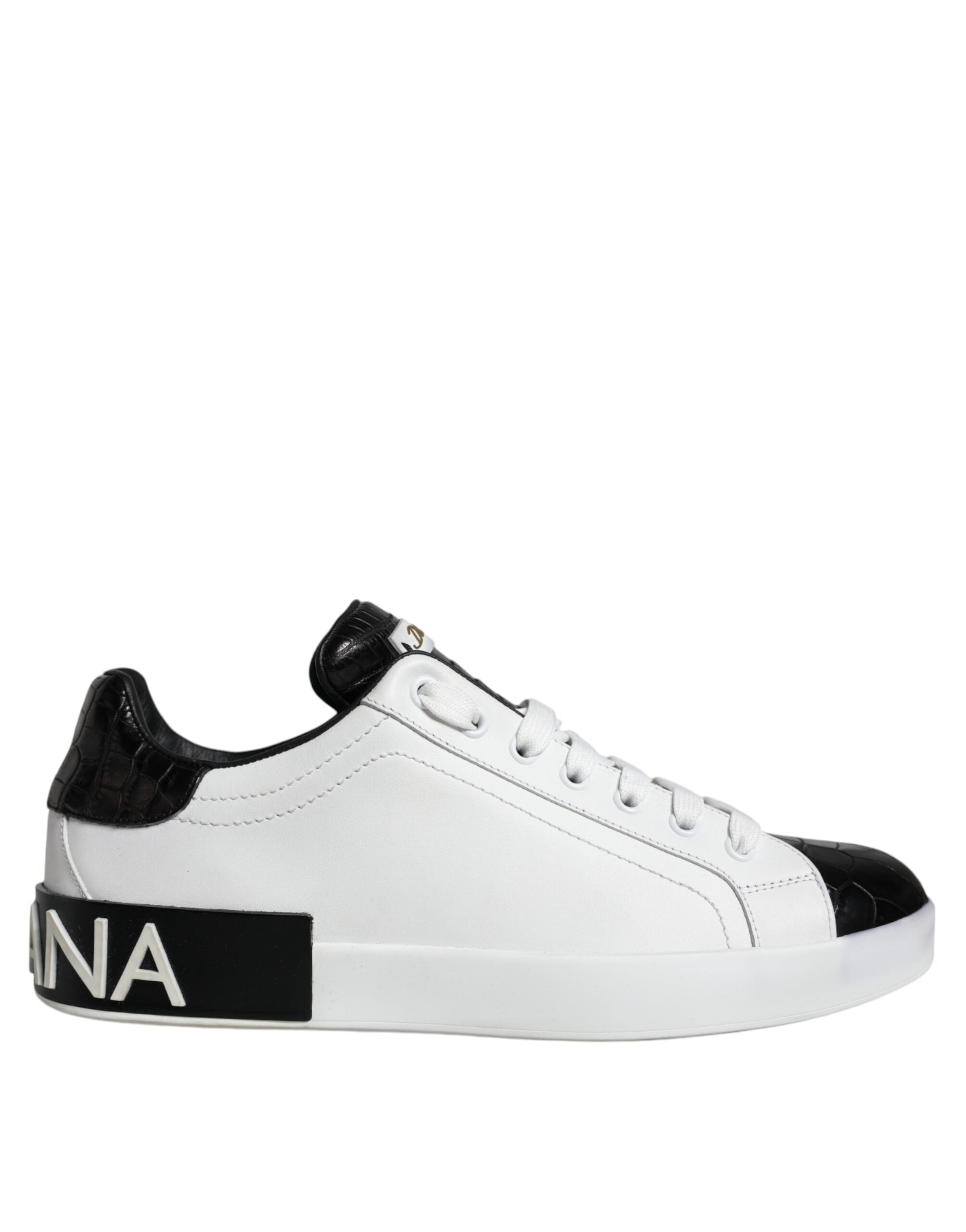 Chaussures sneakers Portofino en cuir noir avec logo Dolce & Gabbana, style élégant et moderne.