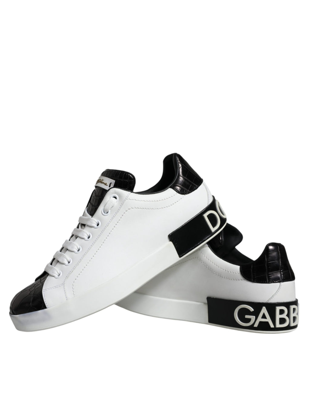 Chaussures Sneaker Portofino en cuir noir de Dolce & Gabbana, logo de la marque visible, style élégant et moderne.