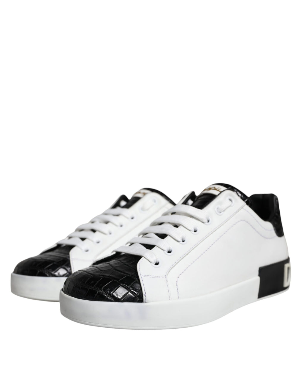 Chaussures sneakers Portofino en cuir noir avec logo Dolce & Gabbana, style élégant et moderne.