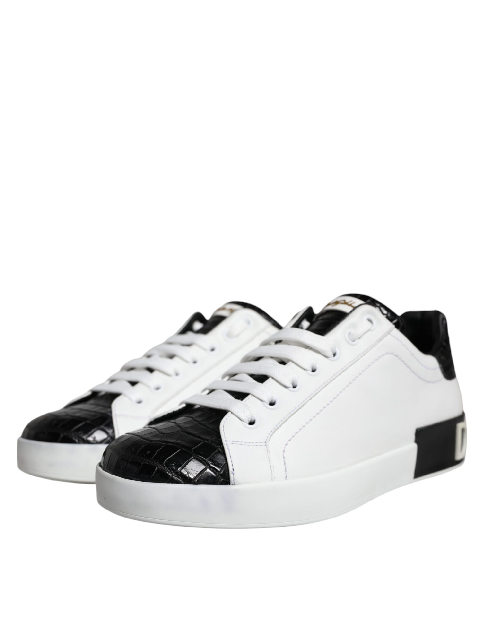 Chaussures sneakers Portofino en cuir noir avec logo Dolce & Gabbana, style élégant et moderne.