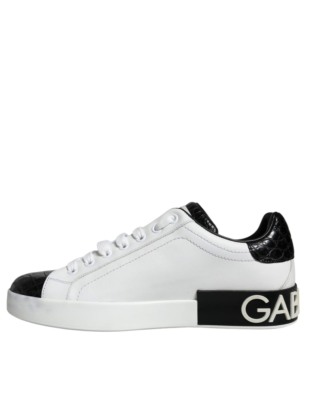 Chaussures de sneakers Portofino en cuir noir Dolce & Gabbana avec logo, vues de côté.