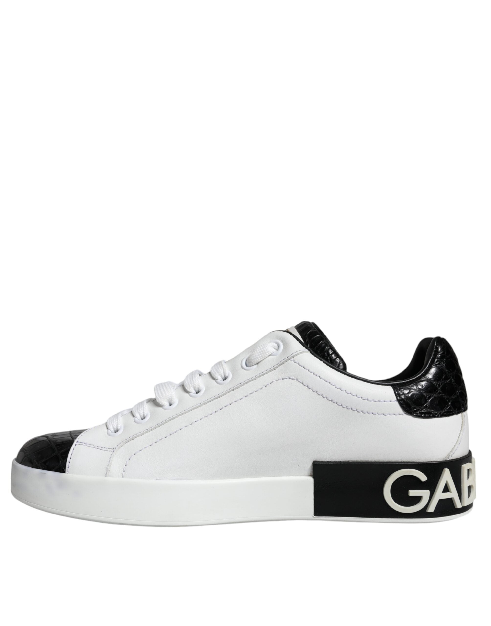 Chaussures de sneakers Portofino en cuir noir Dolce & Gabbana avec logo, vues de côté.