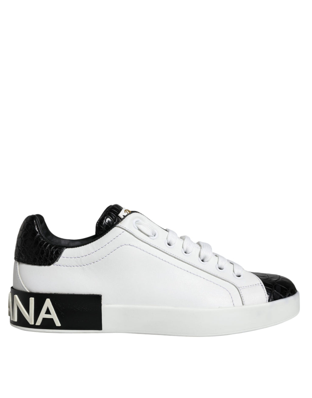 Chaussures Sneakers Portofino en cuir noir Dolce & Gabbana avec logo, vue de face sur fond blanc.
