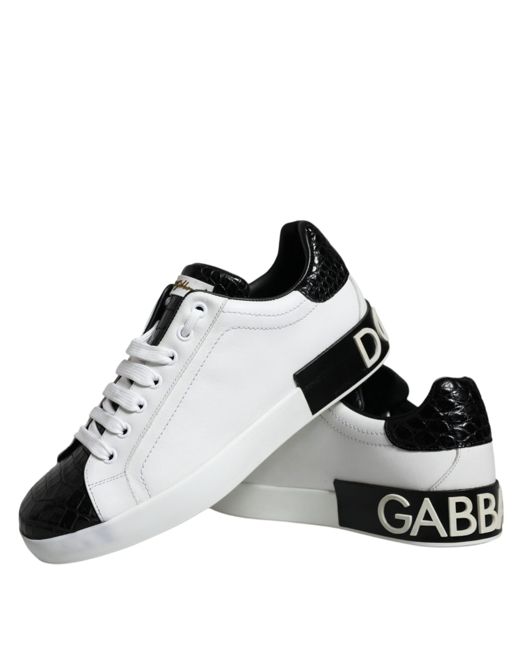 Chaussures sneakers Portofino en cuir noir Dolce & Gabbana avec logo, vue de face sur fond blanc.