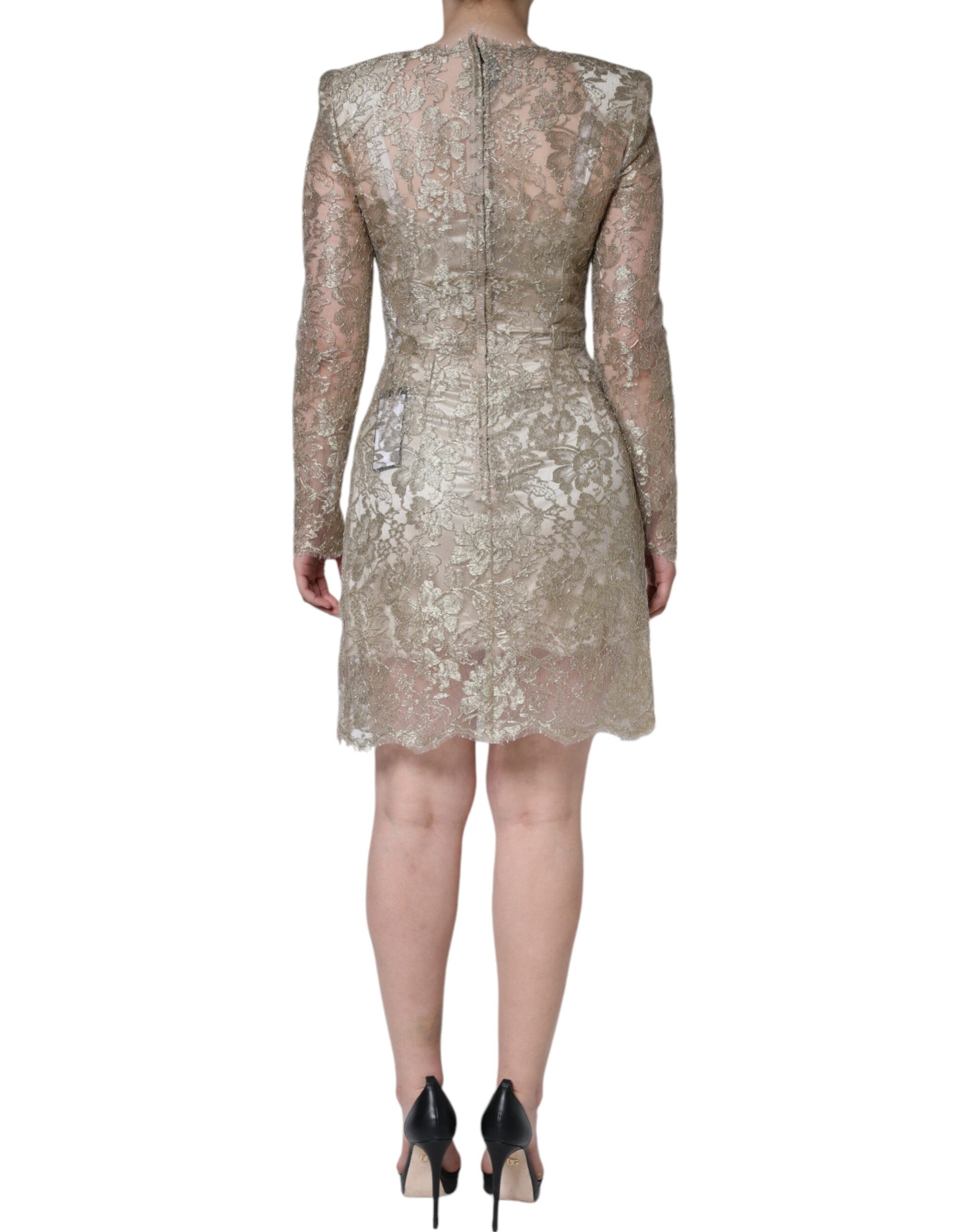 Robe courte en dentelle florale dorée Dolce & Gabbana, coupe trapèze élégante et féminine, pour une occasion spéciale.