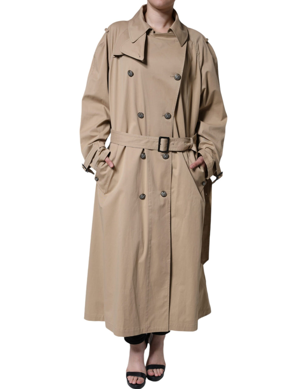Manteau trench kaki double boutonnage Dolce & Gabbana, veste élégante en tissu léger avec ceinture à la taille.