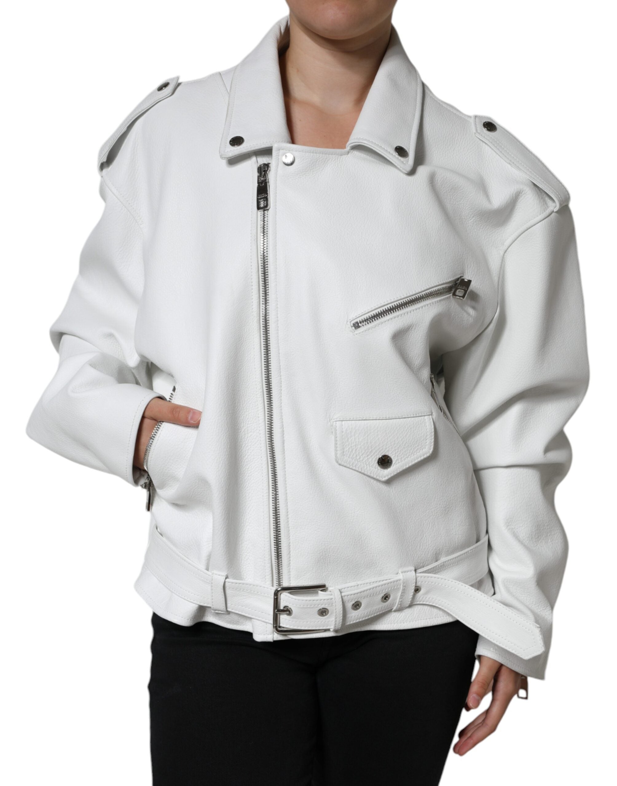 Veste en cuir d'agneau blanche Dolce & Gabbana, manteau biker en cuir élégant avec détails sophistiqués.