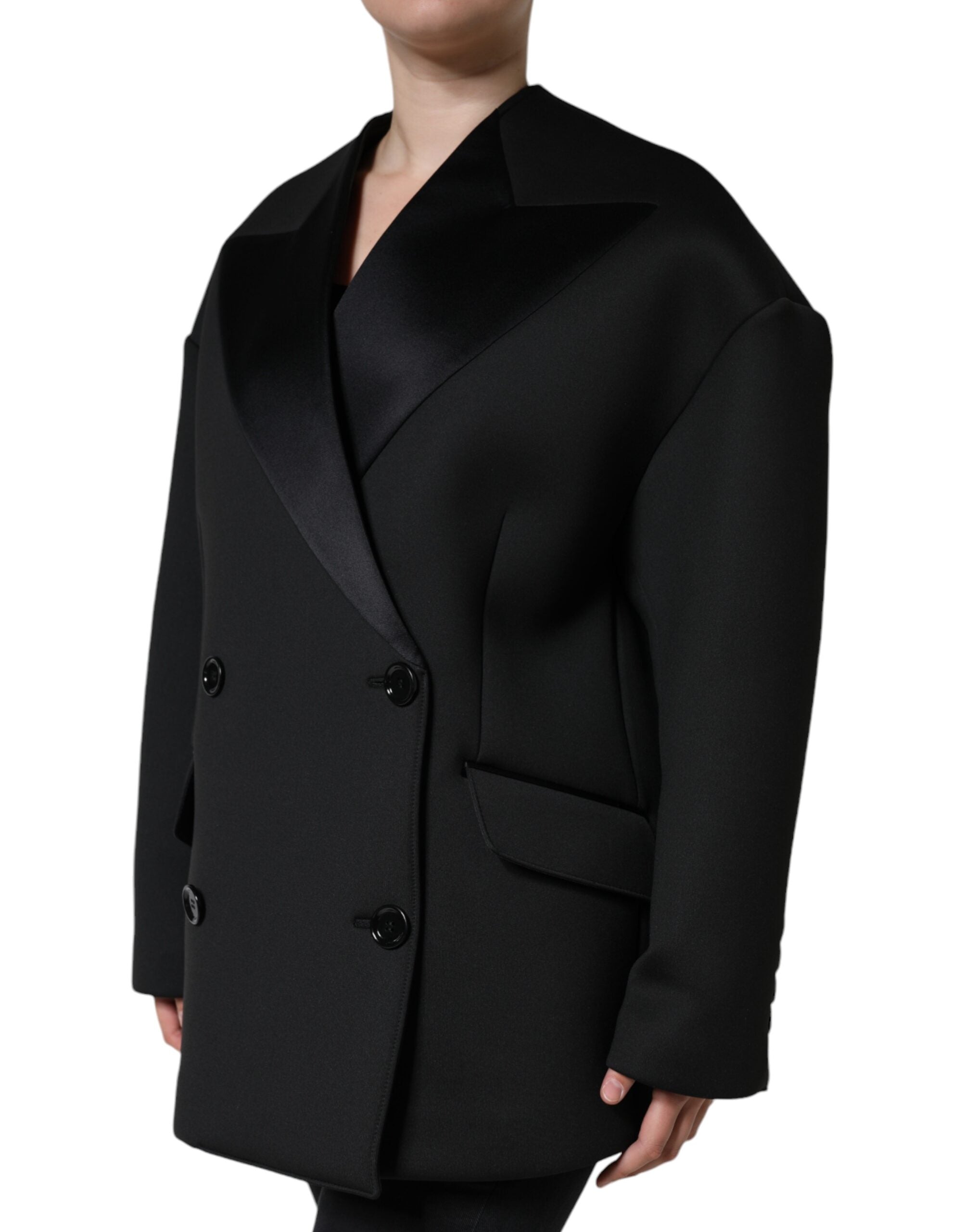 Manteau noir en polyester Dolce & Gabbana, veste double boutonnage, vue de face avec col élégant et poches latérales.