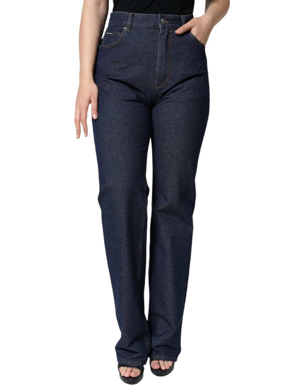 Jeans droits en denim stretch bleu foncé de Dolce & Gabbana, coton, coupe classique, visible avec détails de couture.