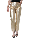 Pantalons tapered en polyester doré métallisé de Dolce & Gabbana, style moderne et élégant, vue en gros plan.